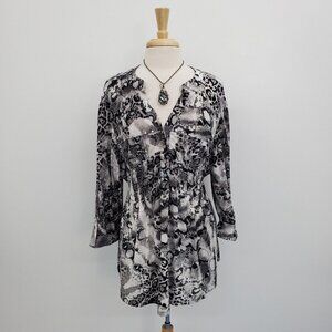 Womens Snakeskin Pintuck Blouse Top Plus Size 3X Black White Long‎ Sleeve V-Neck